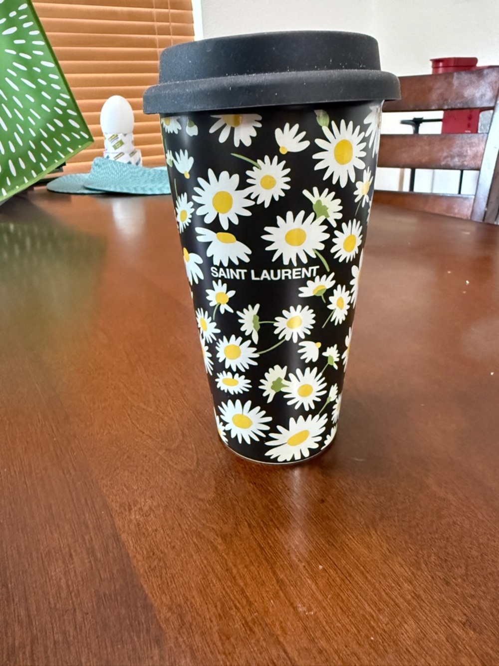 Saint Laurent Black Travel Cup with White & Yellow Daisy Print